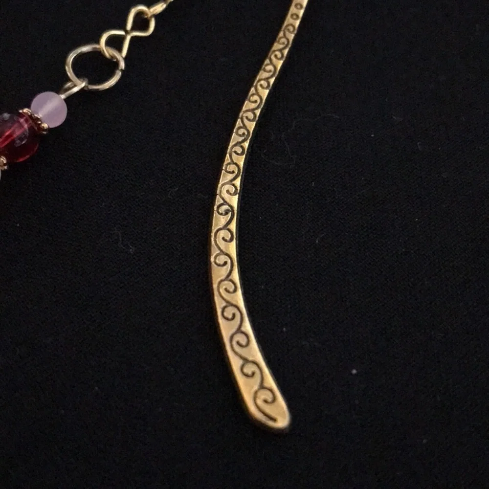 Metal Shepherds Hook Bookmark w/Chain, Red&Pink Glass Beads, & Goldtone Findings